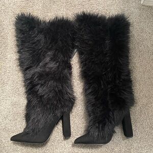 NEW black fur shearling yeti knee high heeled Boots 6
